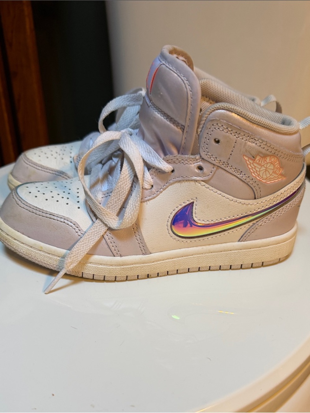 Nike Kids Mid-Top Sneakers in Light Pink with Iridescent Swoosh